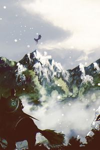 Preview wallpaper warrior, horse, mountains, dragon, art