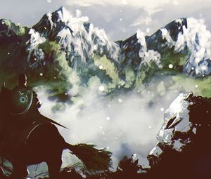 Preview wallpaper warrior, horse, mountains, dragon, art