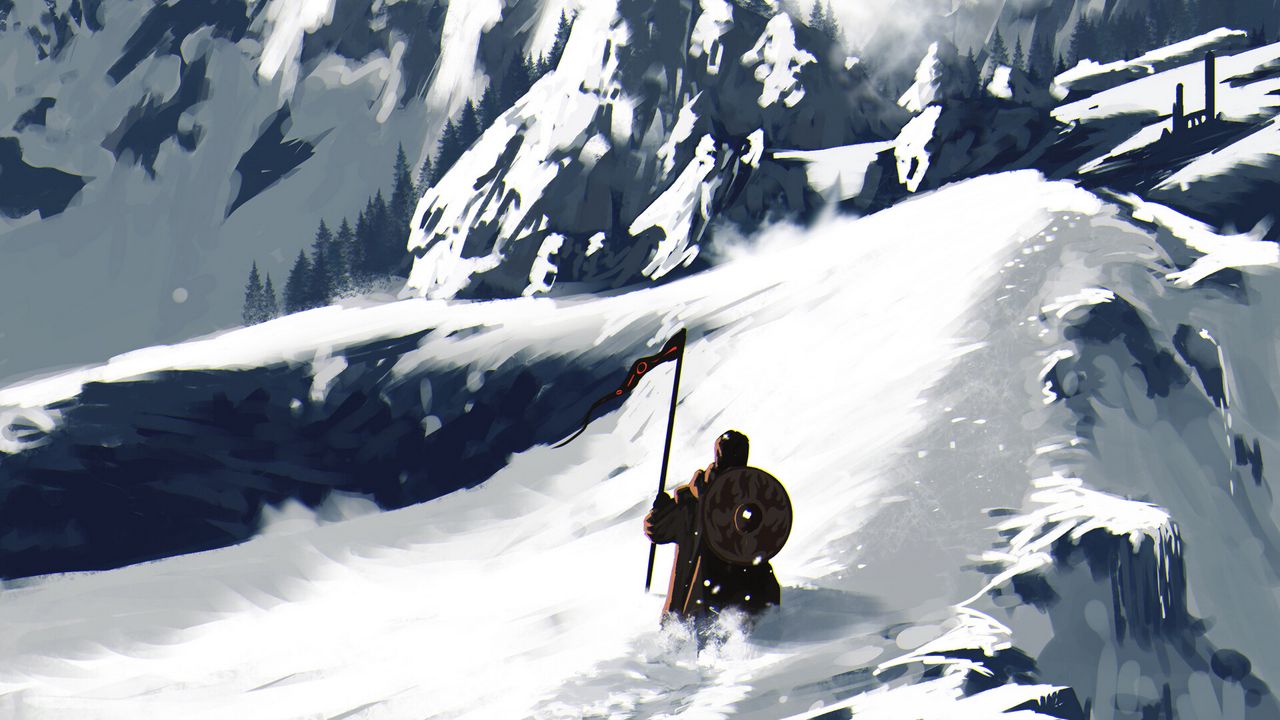 Wallpaper warrior, snow, mountain, art