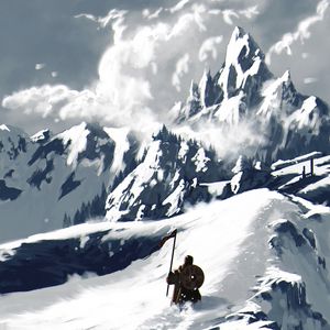 Preview wallpaper warrior, snow, mountain, art