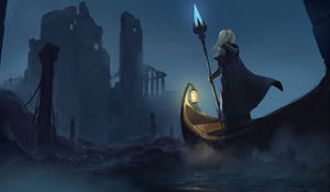 Preview wallpaper warrior, staff, boat, fantasy, art