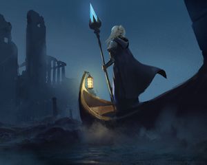 Preview wallpaper warrior, staff, boat, fantasy, art