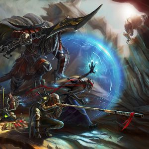 Preview wallpaper warriors, cave, armor, battle, art, fantasy