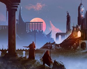 Preview wallpaper warriors, silhouettes, ruins, art
