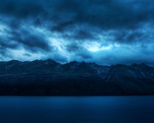 Preview wallpaper water, blue, mountains, scenery, clouds