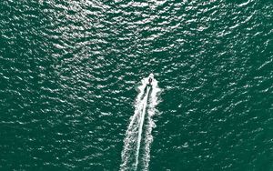 Preview wallpaper water, boat, aerial view, waves, sea