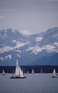 Preview wallpaper water, boats, sailboats, mountains, landscape