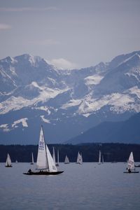 Preview wallpaper water, boats, sailboats, mountains, landscape