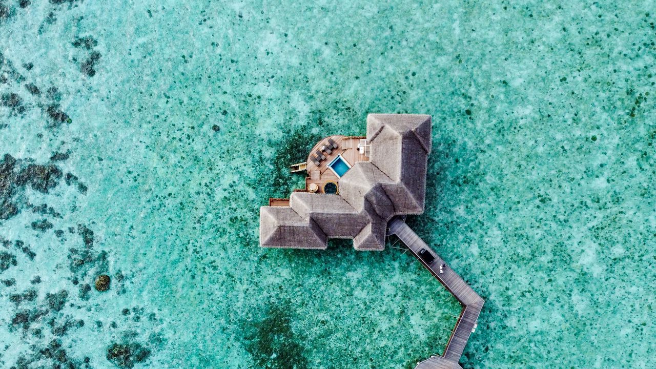 Wallpaper water, bungalow, aerial view, ocean, pier