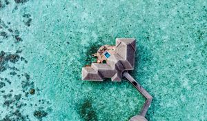 Preview wallpaper water, bungalow, aerial view, ocean, pier