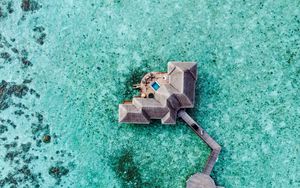 Preview wallpaper water, bungalow, aerial view, ocean, pier