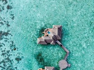 Preview wallpaper water, bungalow, aerial view, ocean, pier