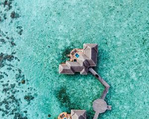 Preview wallpaper water, bungalow, aerial view, ocean, pier