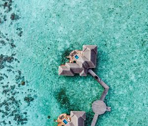 Preview wallpaper water, bungalow, aerial view, ocean, pier