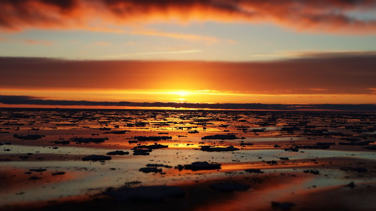 Wallpaper water, ice, ice floes, sunset, horizon