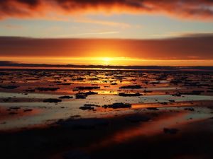 Preview wallpaper water, ice, ice floes, sunset, horizon