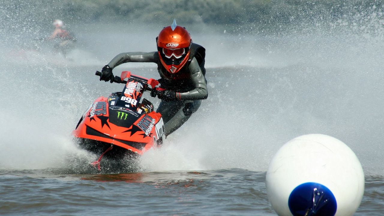 Wallpaper water motorcycle, extreme, buoy, sea, suit, helmet