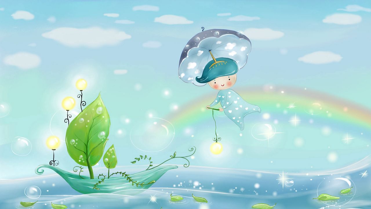 Wallpaper water, rain, umbrella, leaves, boat, boy, sea, sky, sail, weather, nature, bubbles, rainbow, pattern, light, clouds, lights