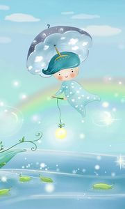 Preview wallpaper water, rain, umbrella, leaves, boat, boy, sea, sky, sail, weather, nature, bubbles, rainbow, pattern, light, clouds, lights