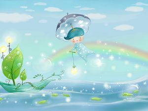 Preview wallpaper water, rain, umbrella, leaves, boat, boy, sea, sky, sail, weather, nature, bubbles, rainbow, pattern, light, clouds, lights