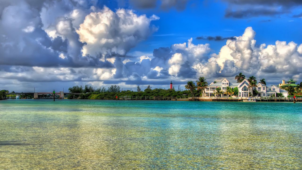 Wallpaper water, sky, clouds, houses