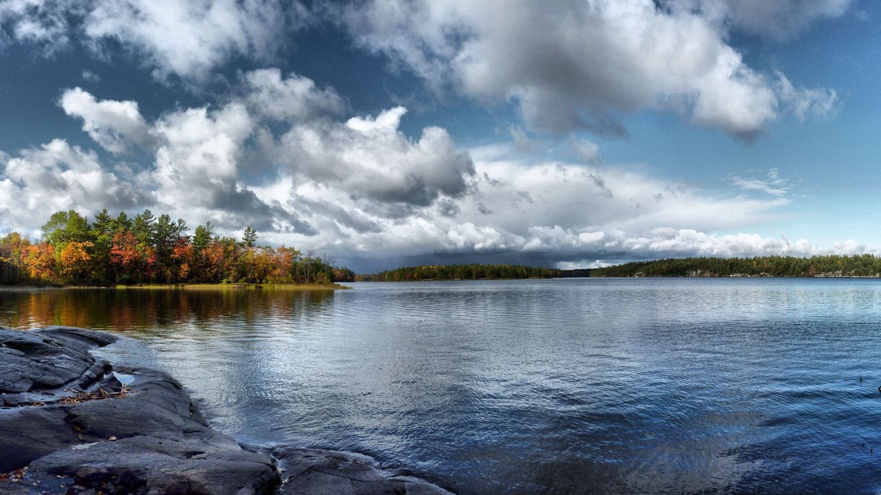 Wallpaper water, smooth surface, lake, trees, autumn, sky, clouds