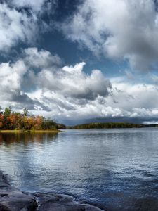 Preview wallpaper water, smooth surface, lake, trees, autumn, sky, clouds