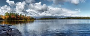 Preview wallpaper water, smooth surface, lake, trees, autumn, sky, clouds