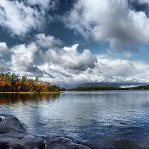 Preview wallpaper water, smooth surface, lake, trees, autumn, sky, clouds