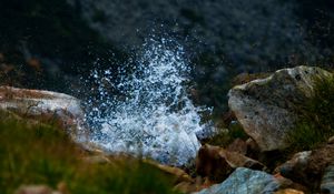 Preview wallpaper water, splashes, stones, grass, blur, landscape