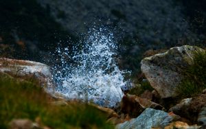 Preview wallpaper water, splashes, stones, grass, blur, landscape