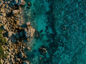 Preview wallpaper water, stones, aerial view, sea, shore