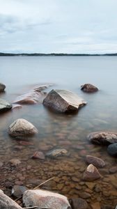 Preview wallpaper water, stones, evaporation, cloudy, landscape, cool