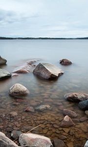 Preview wallpaper water, stones, evaporation, cloudy, landscape, cool