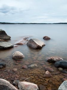 Preview wallpaper water, stones, evaporation, cloudy, landscape, cool