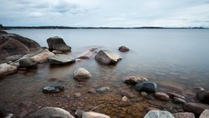 Preview wallpaper water, stones, evaporation, cloudy, landscape, cool