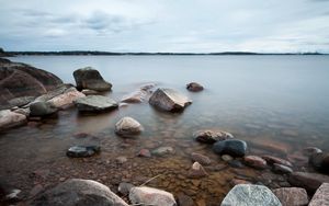 Preview wallpaper water, stones, evaporation, cloudy, landscape, cool