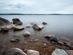 Preview wallpaper water, stones, evaporation, cloudy, landscape, cool