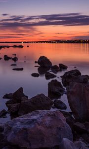 Preview wallpaper water, stones, horizon, sunset