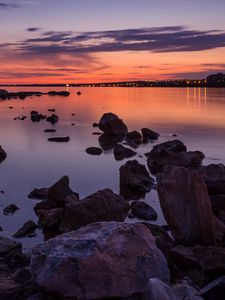 Preview wallpaper water, stones, horizon, sunset