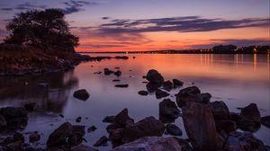 Preview wallpaper water, stones, horizon, sunset