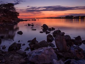 Preview wallpaper water, stones, horizon, sunset