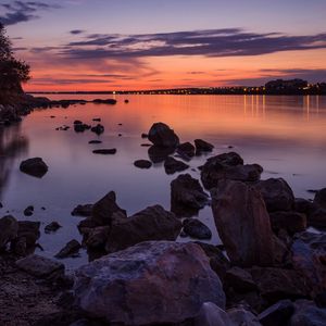 Preview wallpaper water, stones, horizon, sunset