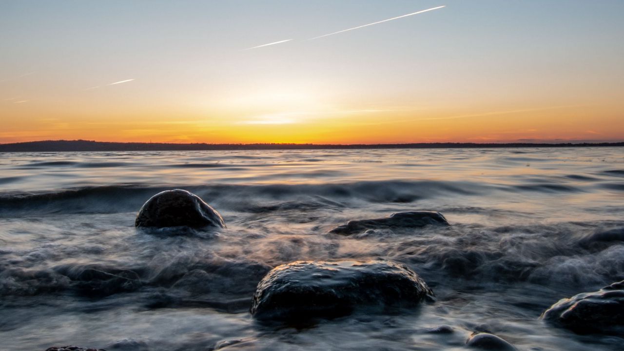 Wallpaper water, stones, sunset, horizon, landscape