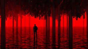 Preview wallpaper water, trees, man, red, neon, light, flooded