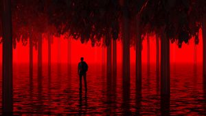Preview wallpaper water, trees, man, red, neon, light, flooded
