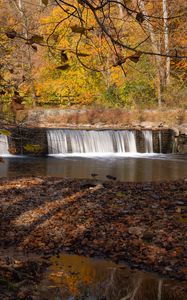 Preview wallpaper water, waterfall, river, shore, trees, leaves, autumn