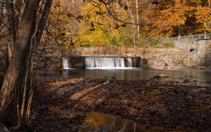 Preview wallpaper water, waterfall, river, shore, trees, leaves, autumn