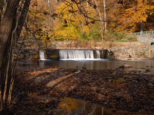 Preview wallpaper water, waterfall, river, shore, trees, leaves, autumn