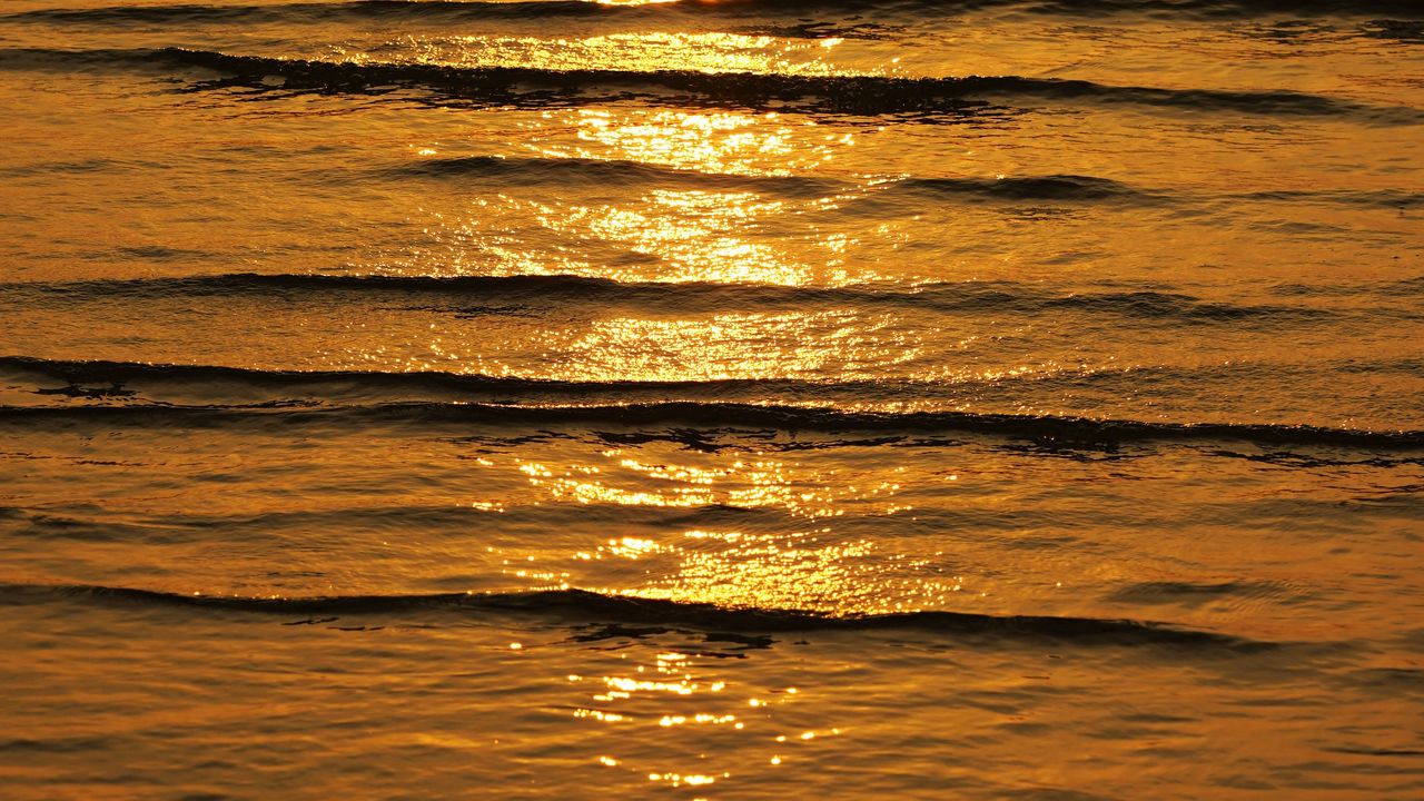 Wallpaper water, waves, glare, sunset, dark